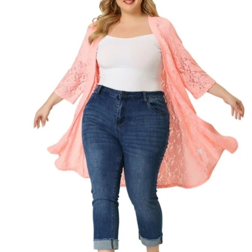 Brand new with Tags Ladies Agnes Orinda Pink Sheer Lace Open Front Duster 3X